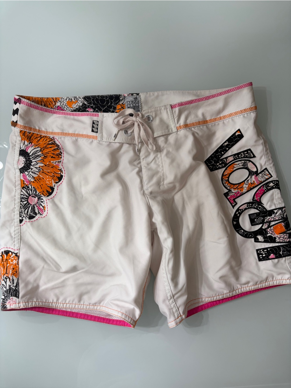Volcom White Shorts with Orange Floral and Pink Trim 9